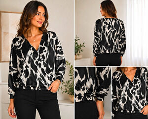 White House Black Market XXS Black White Abstract Floral Wrap Blouse Dolman Slee